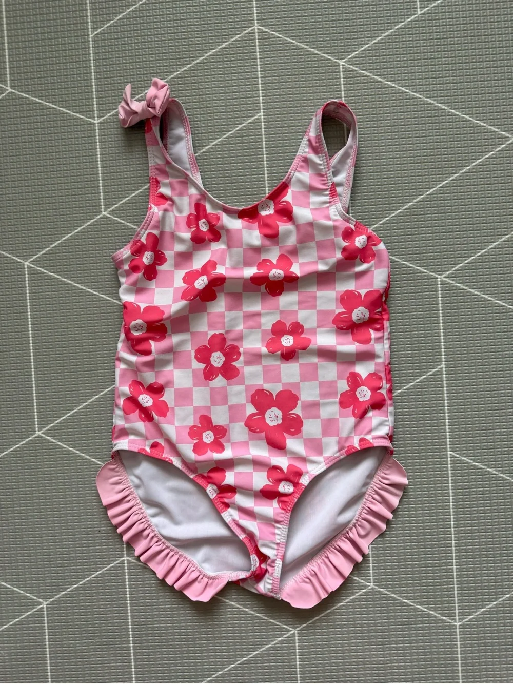 Small shop|Big girl swimsuit,Pink Floral Checkerboard One-Piece Swimsuit,boho•7 - Picture 6 of 7